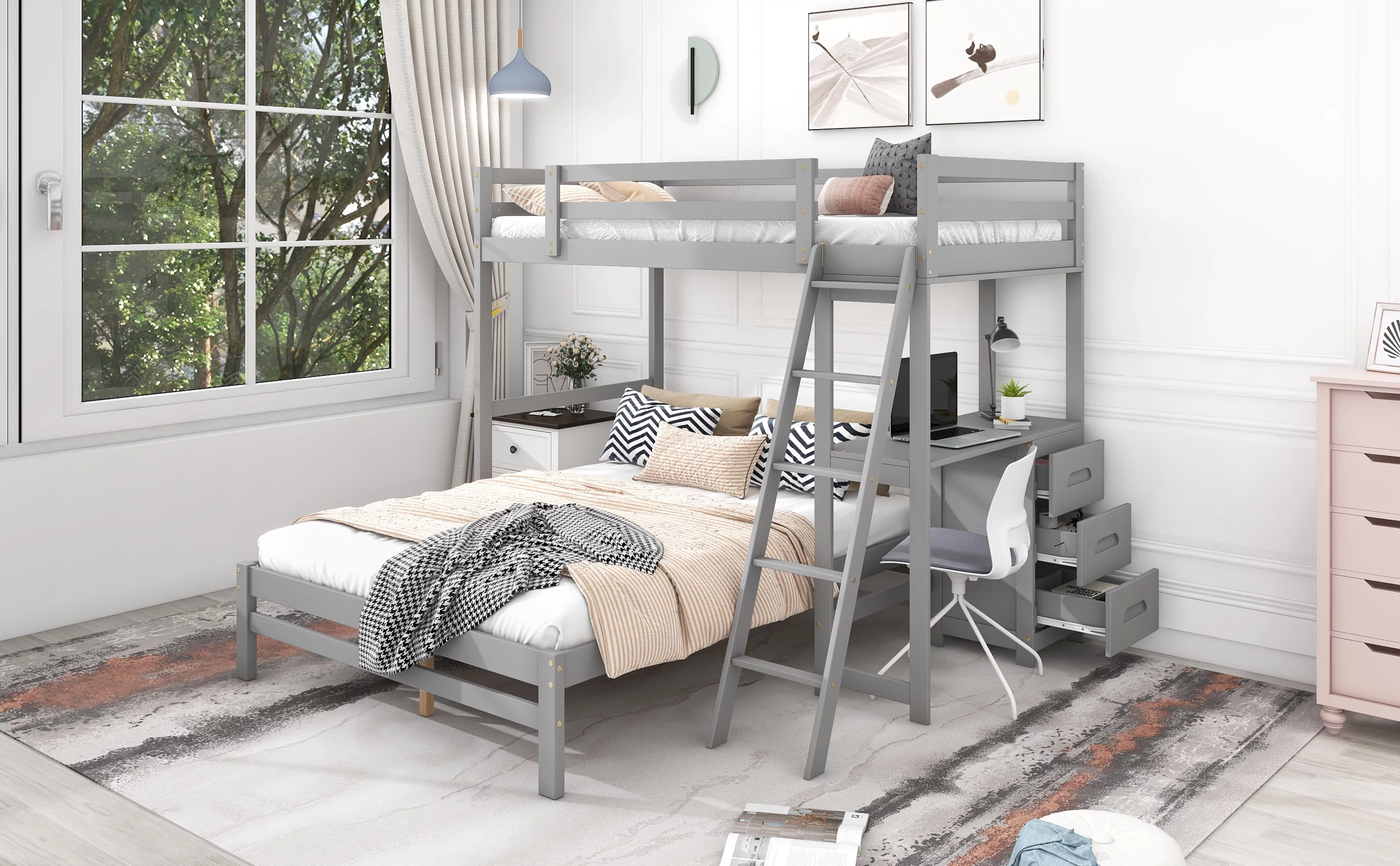 EUROCO Twin over Full Bunk Bed with Desk and Drawers for Kids Room, Gray