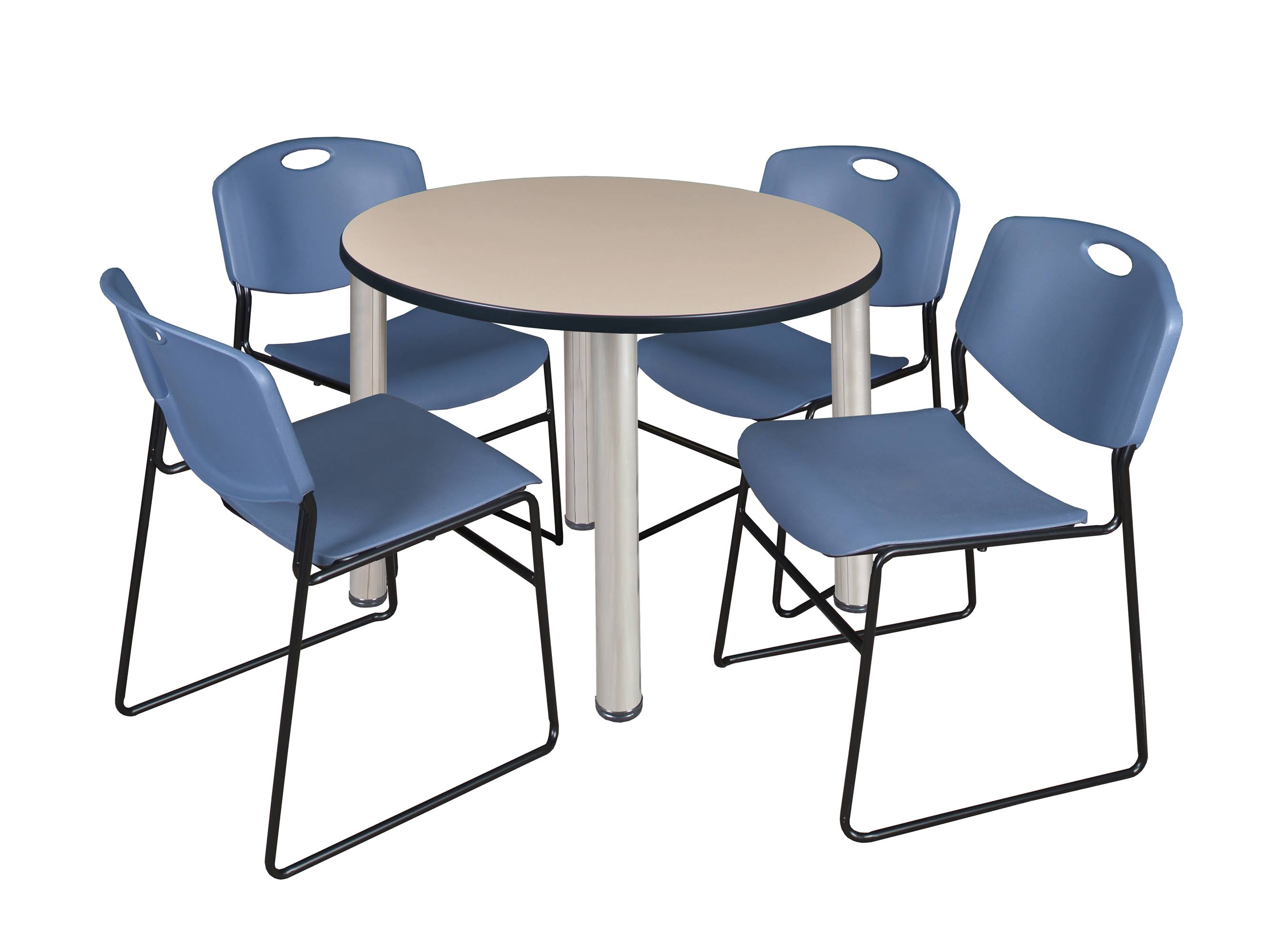 Regency Kee 42x22 Round Breakroom Table- Beige/ Chrome u0026 4 Zeng Stack Chairs- Blue