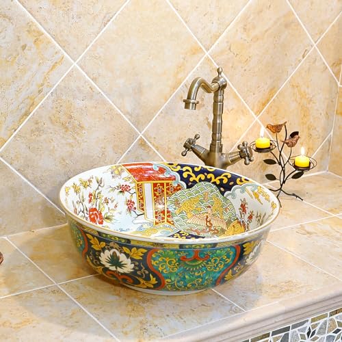 Ceramic Bathroom Vessel Sinks Luxury Retro Style Painted Multi Color Porcelain Round Sink Bowl