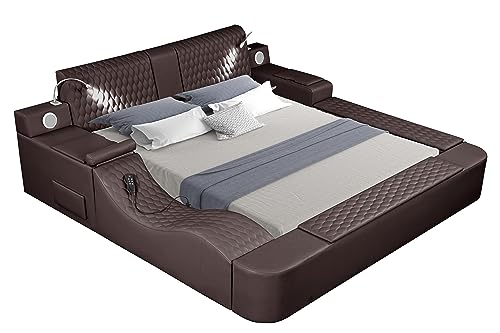 Queen Size Smart Bed, Multifunctional Leather Bed Frame with Massage Recliner/Upholstered Headboard/Music Speaker/USB Port/Storage Space, Modern Luxury Bed Frame(Gray)