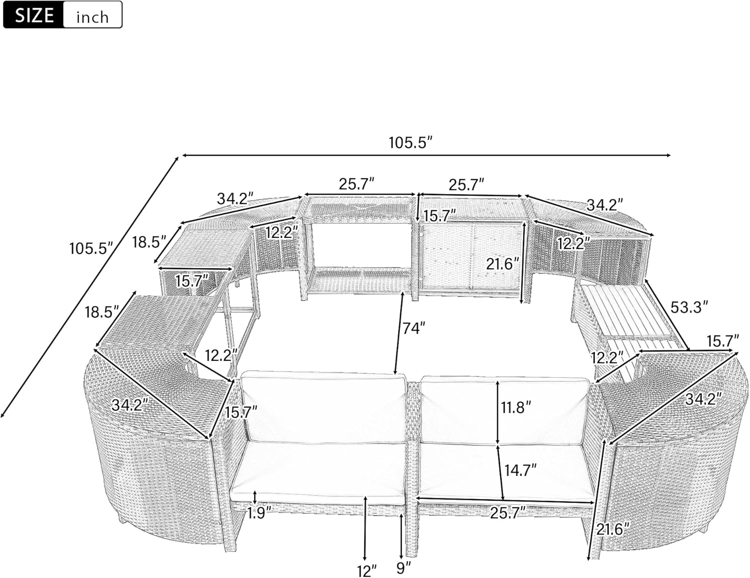 Quadrilateral Outdoor Rattan Sectional Sofa Mini Couch, Patio Conversation Sets with Wooden Seats and Storage Spaces, Spa Surround Frame for Gardern, Poolside, Gray