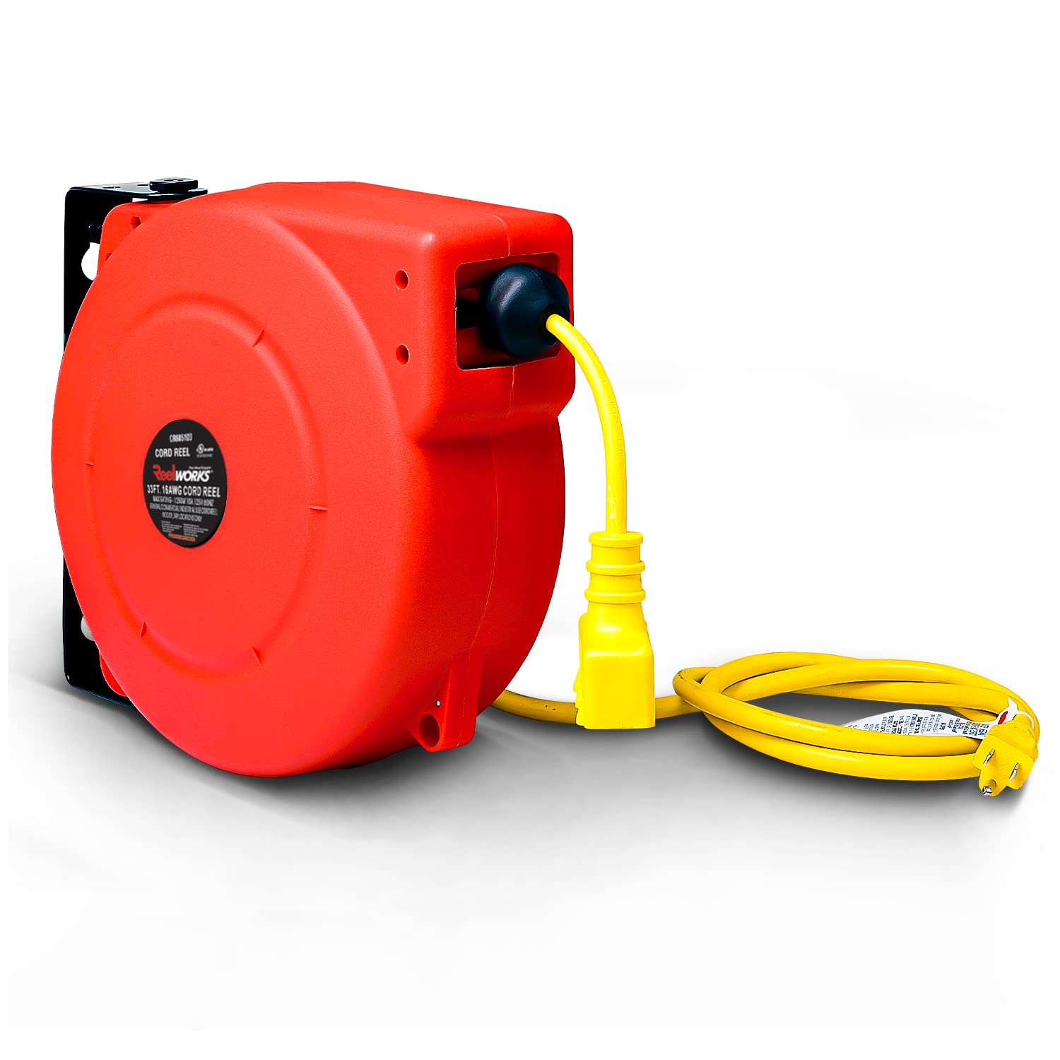 Reelworks Extension Cord Reel Retractable Polypropylene Heavy Duty Industrial 33 FT 16AWG 3C SJT Commercial Premium Grade Ultra Flexible Cable (S3) Triple Tap Connector Perfect for Indoor/Outdoor Use