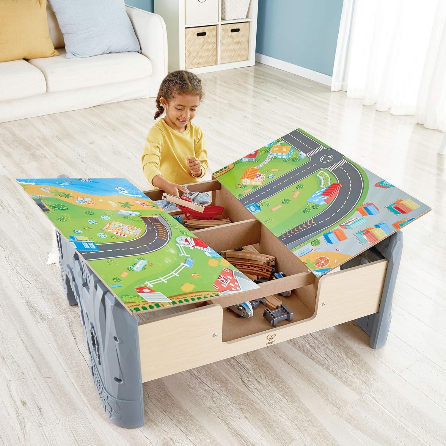 Hape E3766 70 Piece Railway Train Table and Set Toy with Battery Powered Locomotive with Removable Playmat Surface and Storage for Kids 3 Years and Up