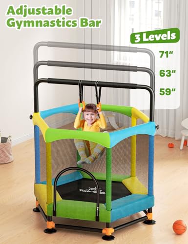 60" Trampoline for Kids, Twinkoo 5FT Fortified Toddler Trampolines with Anti-Rollover Bottom, Indoor/Outdoor Toddler Trampoline with Safety Enclosure, Adjustable Gymnastics Bars, Basketball Hoop