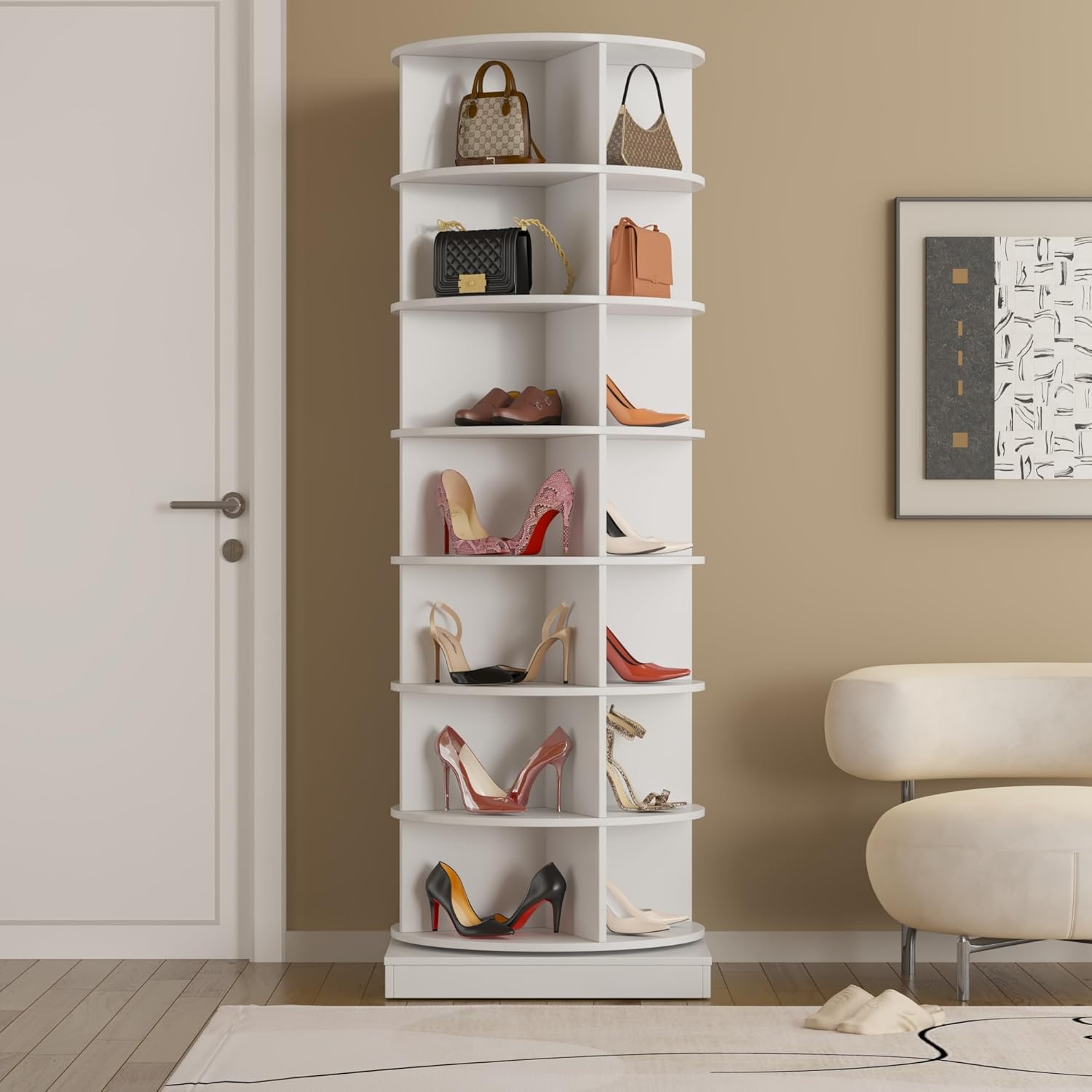Vibe & Dine Rotating Shoe Rack, 7-Tier Tall Spinning Shoe Rack, Free Standing Rotating Shoe Rack Tower 360°, Revolving Shoe Shelf Organizer for Entryway, Small Space