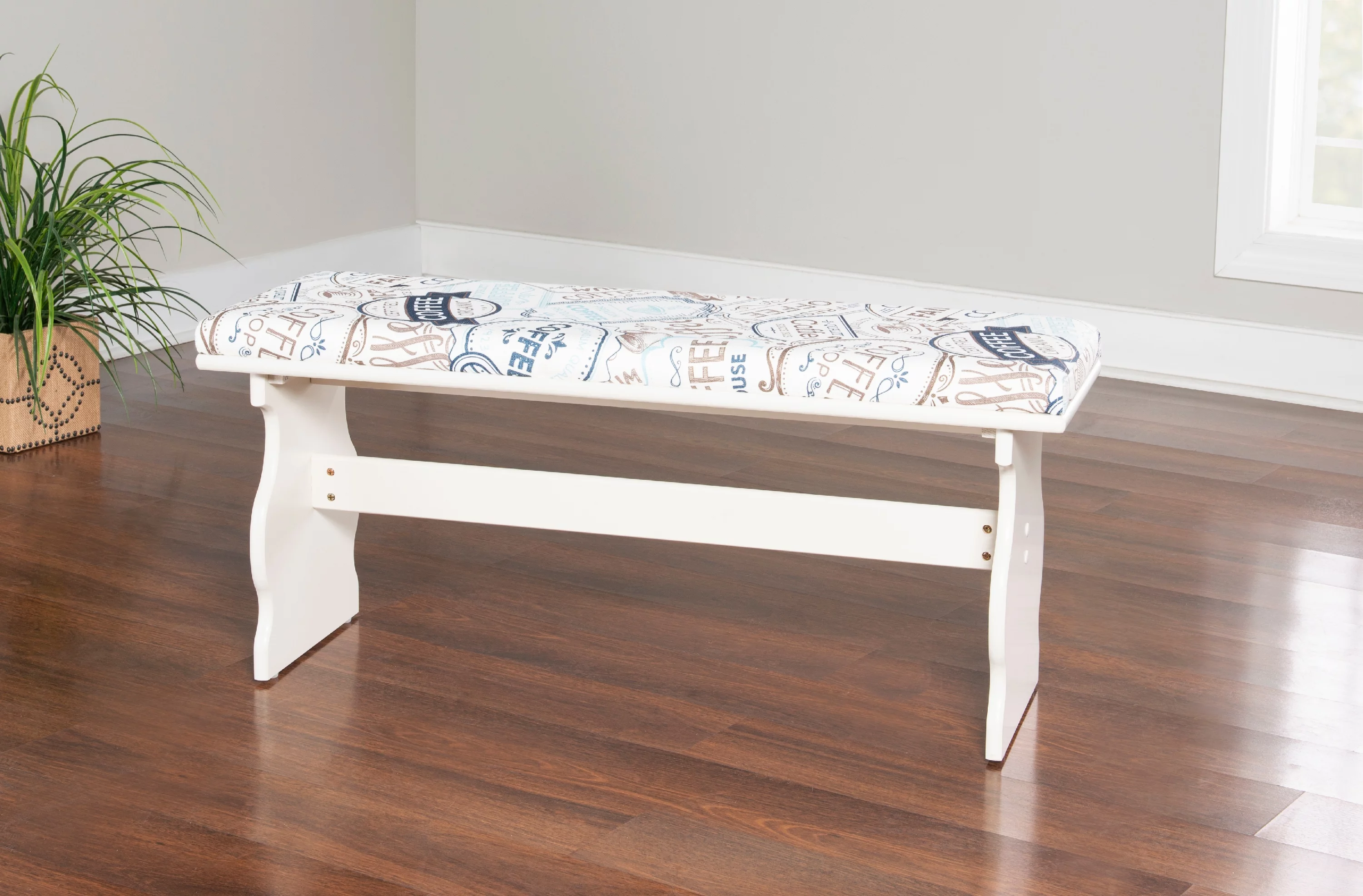 Linon Weston Corner Dining Breakfast Nook with Table and Bench, Seats 5-6, White Finish with Coffee Patterned Fabric