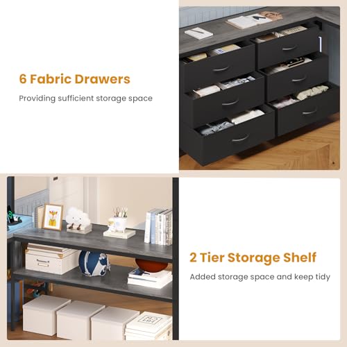 ADORNEVE Loft Bed Full Size with U-Shaped Desk, 6 Storage Drawers, Power Outlet, LED Metal Loft Bed with 2 Storage Shelves, Bed with Safety Guardrail & Ladders, No Box Spring Needed, Rustic Brown
