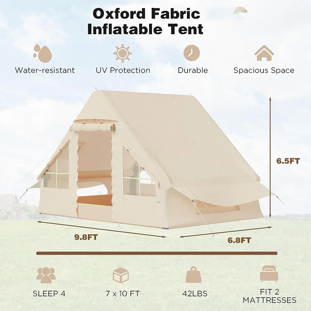 Richryce Inflatable Camping Tent with Pump, Glamping Tents Easy Setup 4 Season Waterproof Windproof with Stove Jack & Mesh Windows & Pump
