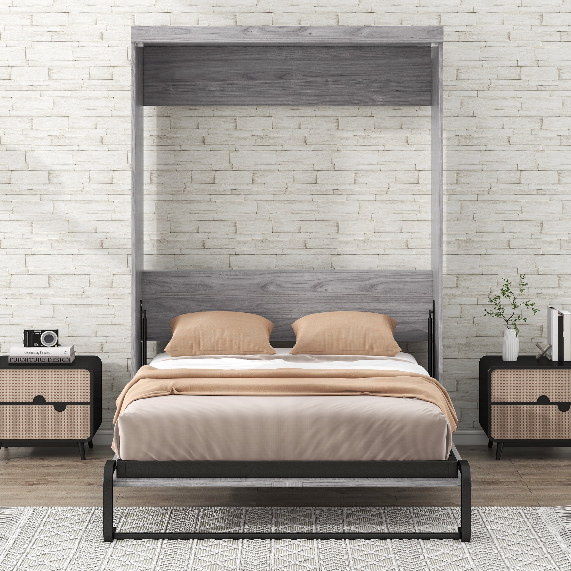Euroco Pine Wood Full Size Murphy Bed, Convertible Wall Bed into A Cabinet, Gray