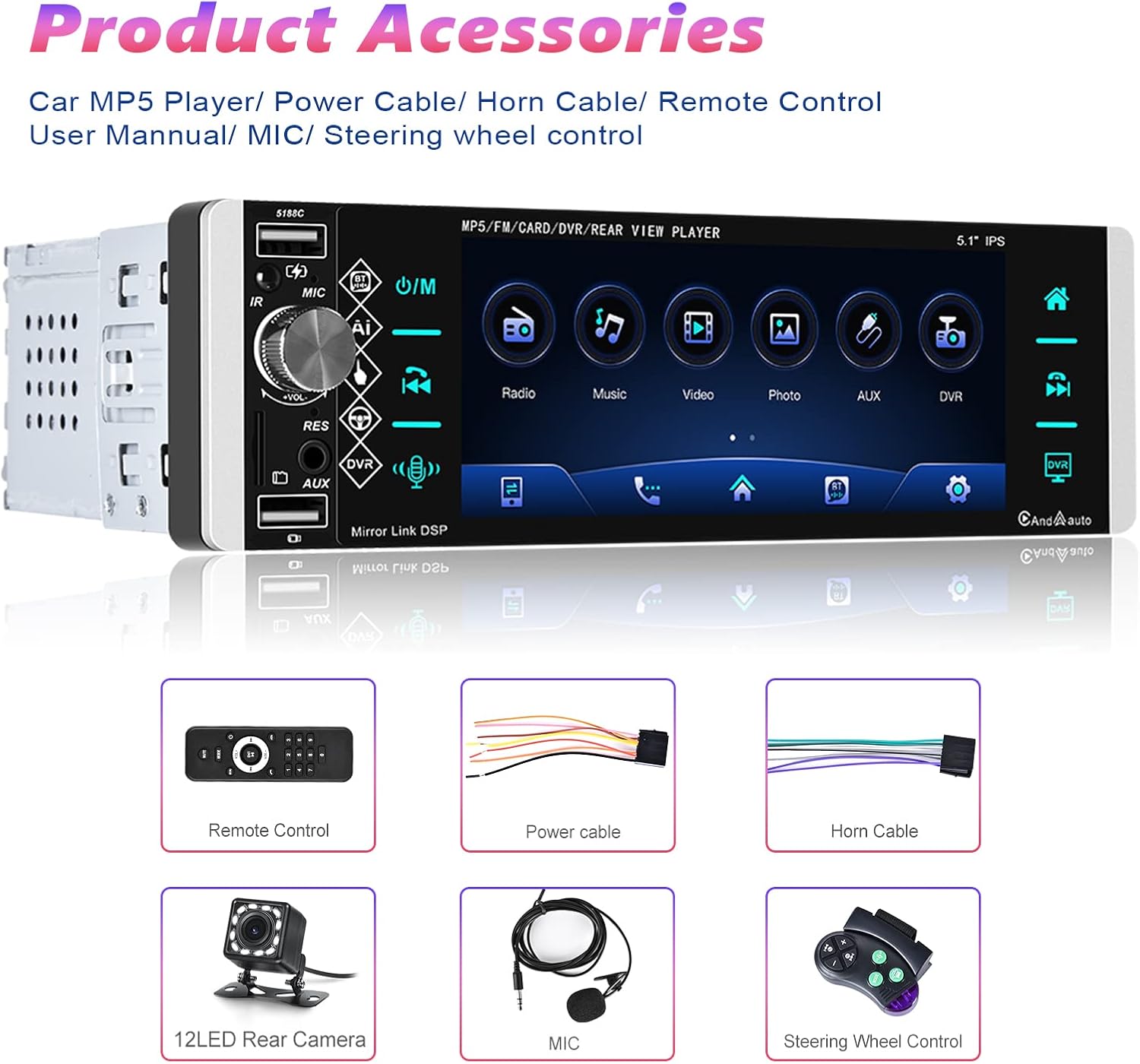 Single Din Car Stereo 5.1 Inch Touchscreen Radio with Bluetooth Voice Control Support DVR FM RDS AM Tuner, 1 Din Head Unit with USB/SD/Aux-in + Steering Wheel Control, Microphone and Backup Camera