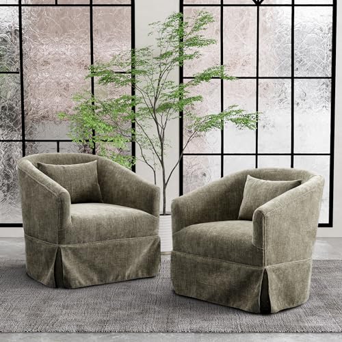 Swivel Accent Chair with Skirt Set of 2, Upholstered Swivel Barrel Chair 360 Degree Fabric Armchair for Nursery, Living Room, Bedroom, Beige