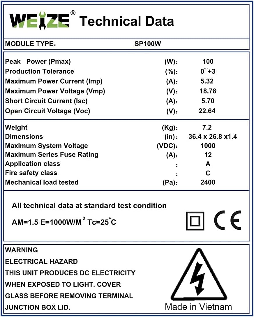 WEIZE 200 Watt 12 Volt Monocrystalline Solar Panel, 2 Pack of 12V 100W High-Efficiency Monocrystalline PV Module for Home, Camping, Boat, Caravan, RV, and Other Off-Grid Applications