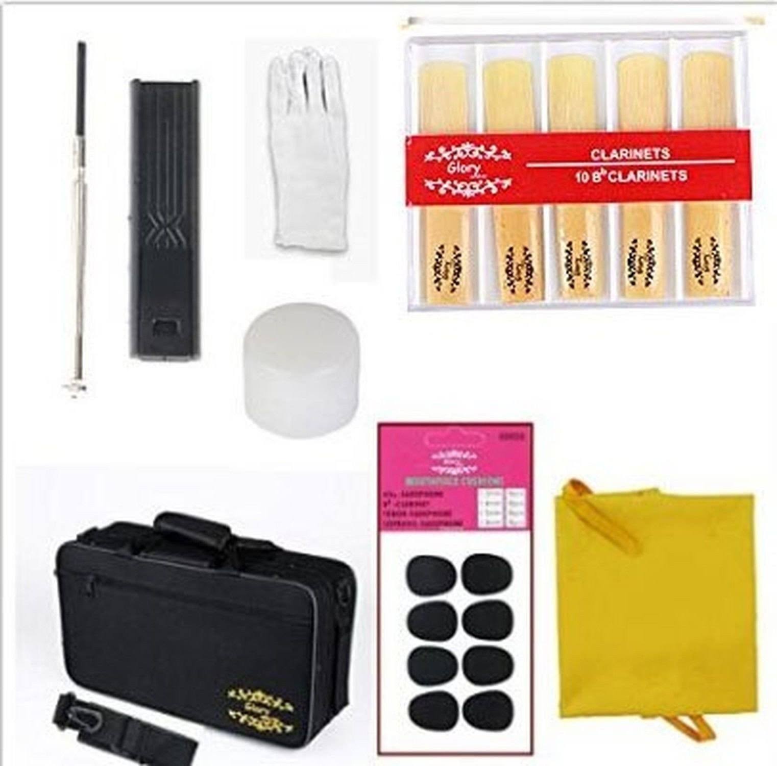 Glory B Flat Clarinet with Second Barrel, 11reeds,8 Pads cushions,case,carekit and More Black/Silver Keys