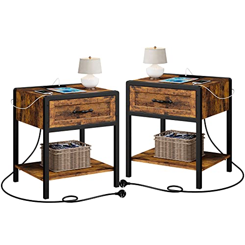 IDEALHOUSE Bedroom Set, 3-Pieces Bedroom Sets, Queen Size Bed Frame with Headboard and Storage Drawers Bench, Nightstand with Charging Station and Storage Drawer