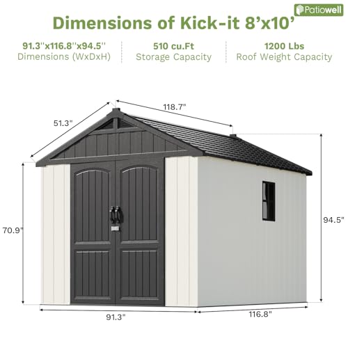 Patiowell 8 x 12 FT Plastic Outdoor Storage Shed with Floor, Resin Shed with Window and Lockable Door for Garden, Backyard, Tool Storage Use, Easy to Install in Beige (Kick-it Shed)