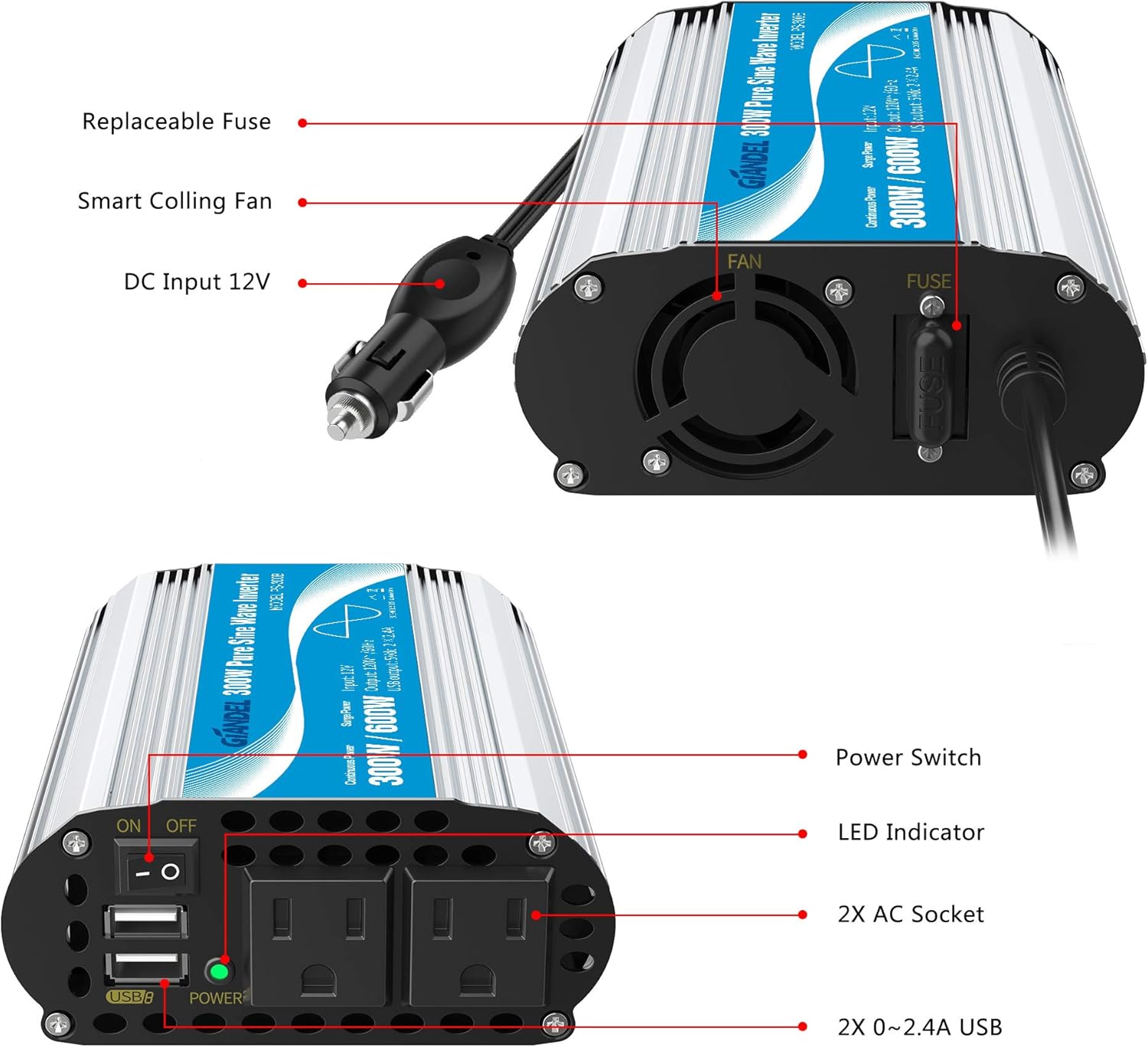 GIANDEL Power Inverter Pure Sine Wave 600Watt 12V DC to 110V 120V with Remote Control Dual AC Outlets and USB Port for RV Car Solar System Emergency