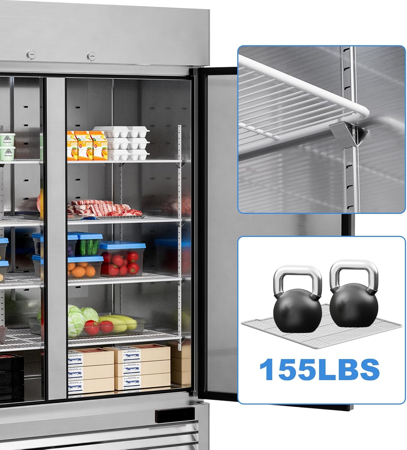 54" Commercial Freezers Upright 2 Door Stainless Steel Reach In Freezer with 8 Shelves, 49 Cubic Feet Air Cooling Auto Defrost Freezer for Restaurant Kitchen Garage, ETL NSF Approved