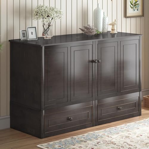 Mjkone Murphy Bed Cabinet, Queen Size Cabinets Bed Chest with USB Charging Station & Tri-Folding Mattress, Wall Beds with Storage Drawers for Guest Bedroom Apartment Office, Easily Convertible, White