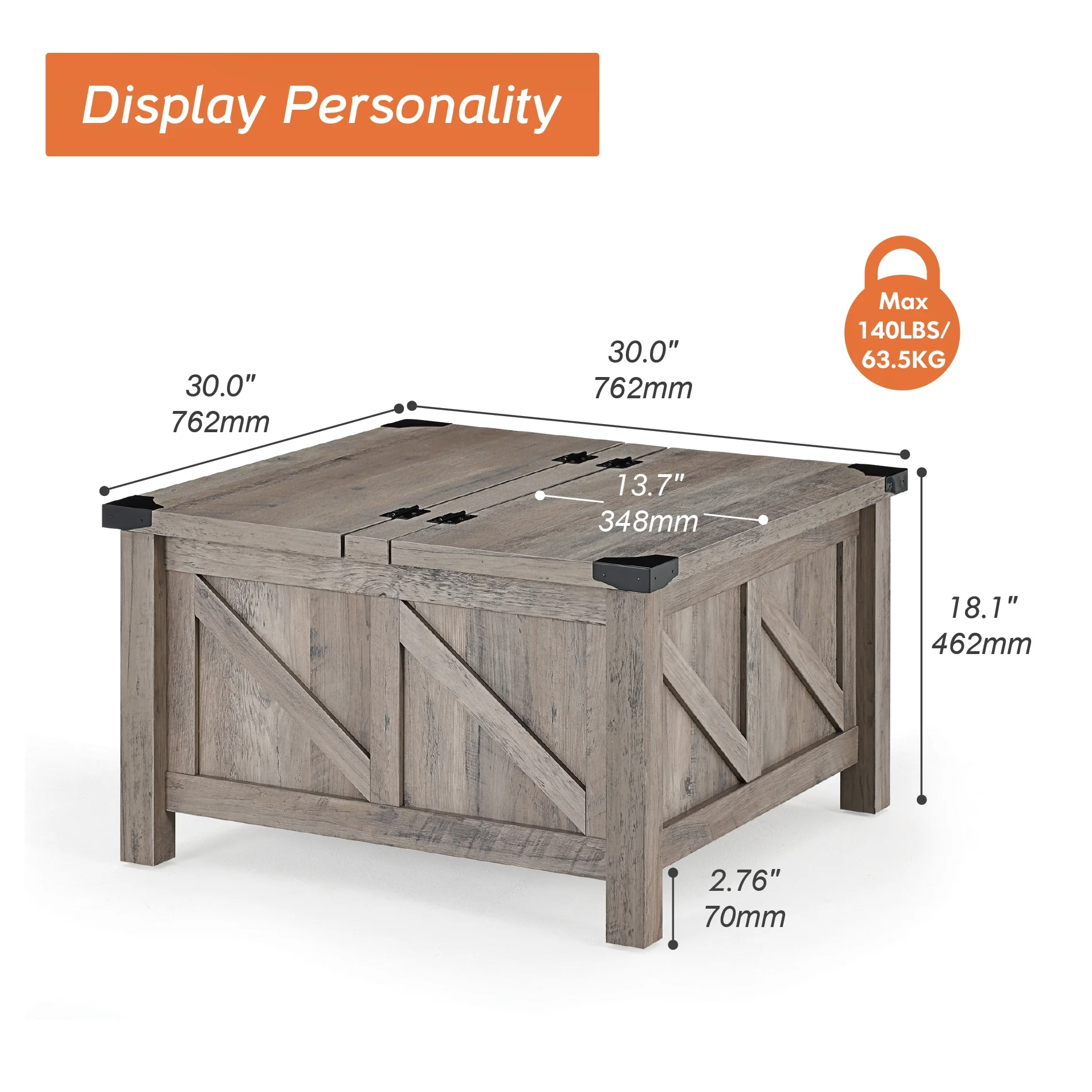 WAMPAT Farmhouse Coffee Table, Square Wood Center Table with Gas Struts Lift-Top for Extra Large Hidden Storage, Metal Bracket Corner, Z-Shaped,Grey