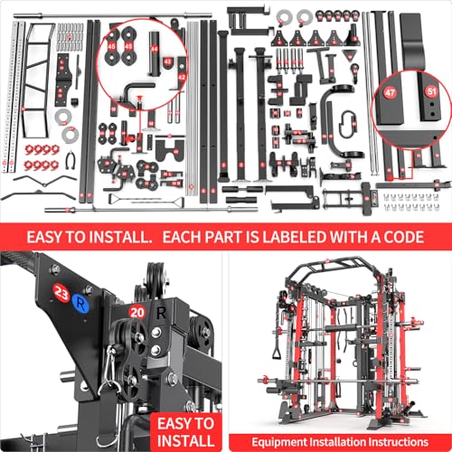 L05/07 Smith Machine，Multi-Function Squat Rack Power Cage with Cable Crossover System,with Weight Bench, Olympic Barbell Weight Set, for Home Gym