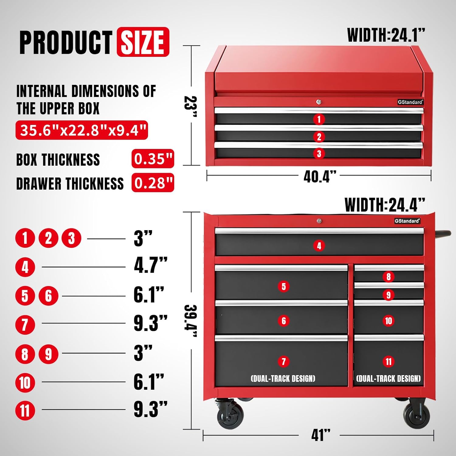41-Inch Combo-11 Drawers,20-22 Gauge Steel Storage, Perfect for Organizing Your Garage,Warehouse,Or Workshop Heavy-Duty Tool Chest and Cabinet, Black/Red