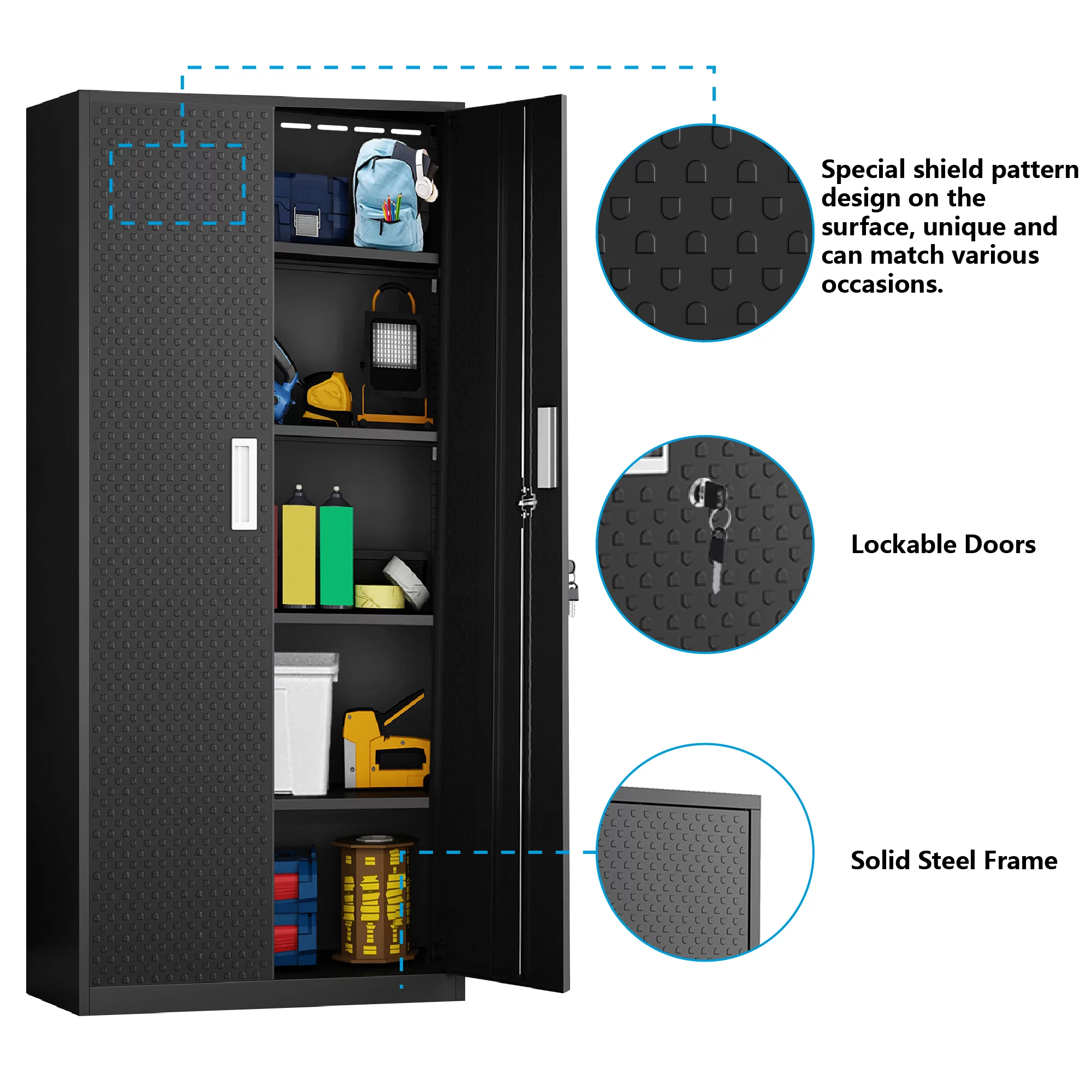 Tall Metal Storage Garage Cabinets with Locking Doors and 4 Adjustable Shelves, Double Handles, Steel Storage Cabinet for Garage, Office, Bedroom,Classroom, Employees,School,GymBlack