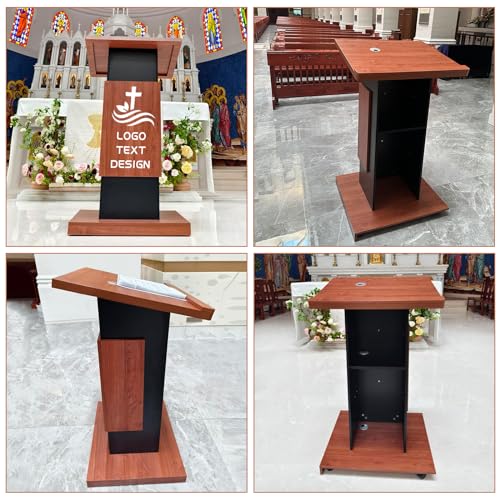 47’’ Wooden Podium Stand with Wheels, Portable Lectern Churches with 15 MM Particle Board, Pulpits Stand with Storage, Lockable Wheels, Mic Stand for Churches, Office, School