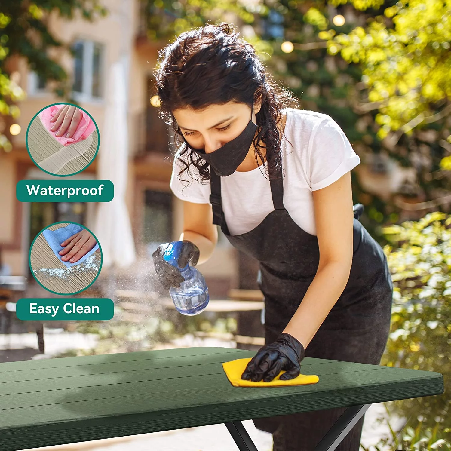 DWVO Picnic Table 6ft Heavy Duty Outdoor Picnic Table and Bench Resin Tabletop & Stable Steel Frame w/Umbrella Hole for Yard Patio Lawn Party Green