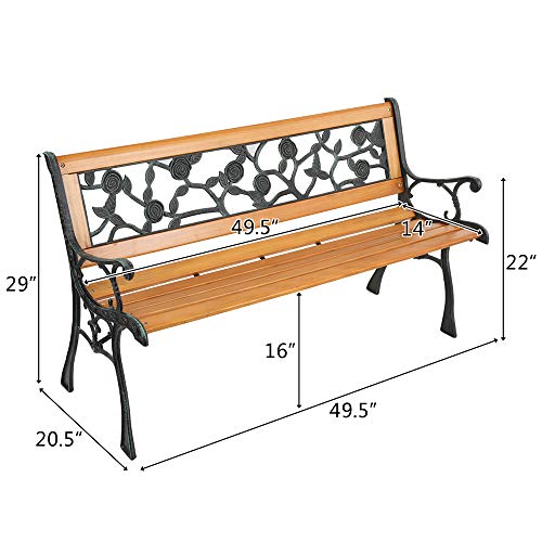 Outdoor Garden Bench, Antique Patio Bench with Cast Iron and Hardwood Frame, Weather Proof Porch Outdoor Loveseat with Rose Style Back for Backyard, Deck, Lawn
