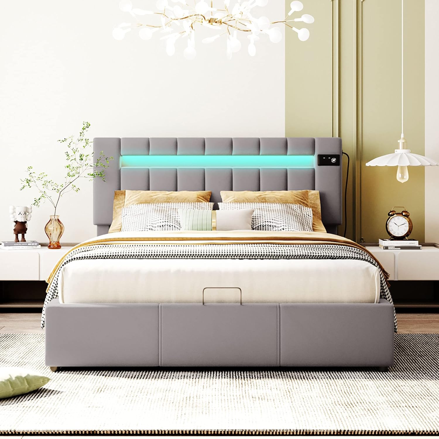 Queen Size Modern Platform Bed with Hydraulic Storage System and Headboard,Velvet Fabric Upholstered Bedframe with LED Lights,Bluetooth Player and USB Charger for Bedroom,Gray