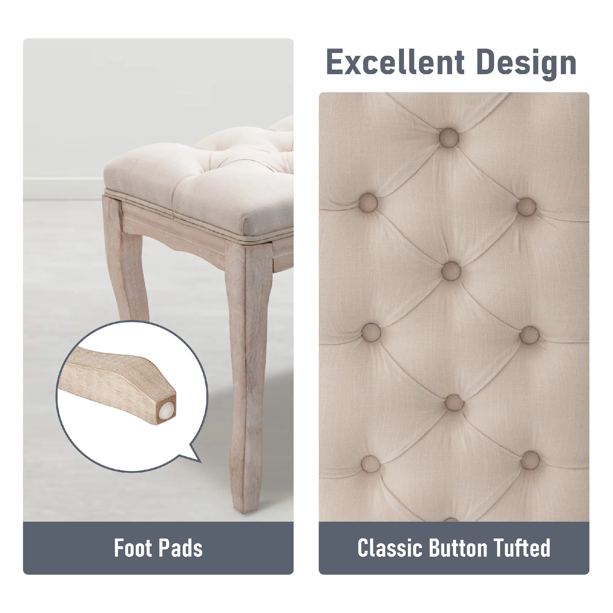 Pellebant Upholstered Tufted Bed Bench, Wood Ottoman Rectangular Footrest,Beige
