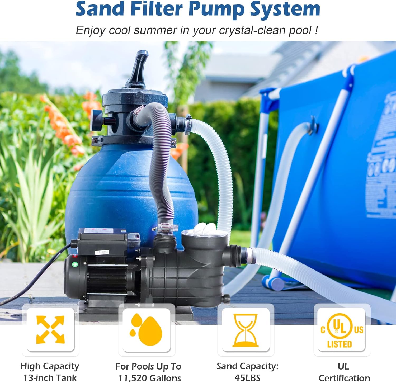 13" Pool sand Filter Above Ground Pool Sand Filter Pump, Sand Filter Pump with Timer,2853 GPH Above Ground Pool Sand Filter System with 6 Way Valve, Up to 11520 Gallons Black+blue