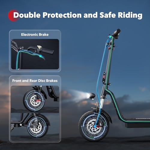 iScooter Electric Scooter with Seat, 37/21 Miles Long Range & 28/19/15.6 MPH Top Speed, 14"/12"/10" Pneumatic Tire, Height Adjustable Seat & Handlebar, Dual Suspensions Commuting Scooter with Basket