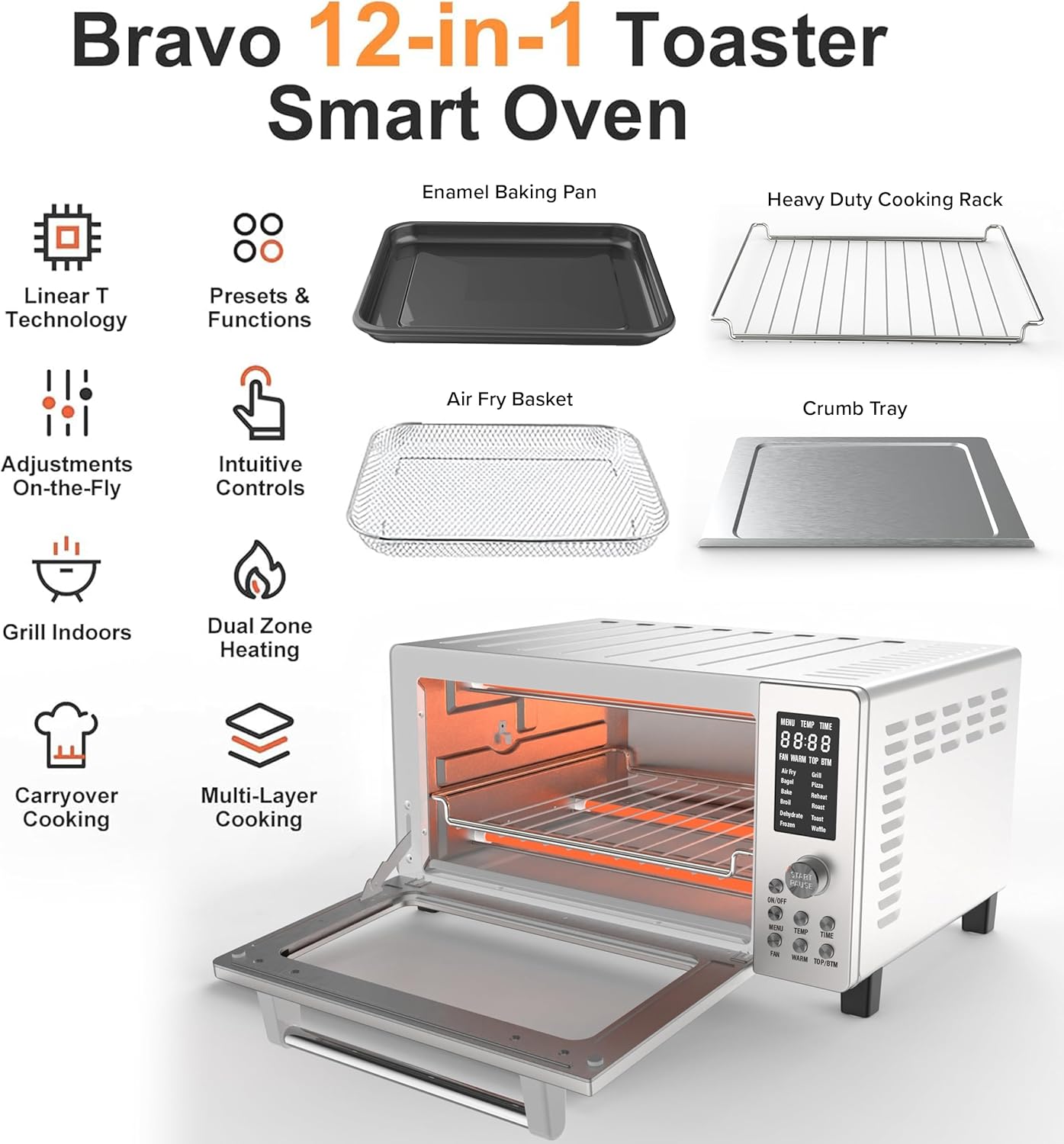 Nuwave Bravo Pro Smart Air Fryer Toaster Oven Combo, Airfryer Convection Oven Countertop, 12-in-1 Functions with Quicker & Even Crisp Technology, 1800W, 50-450°F, PFAS-Free, 21QT, Stainless Steel