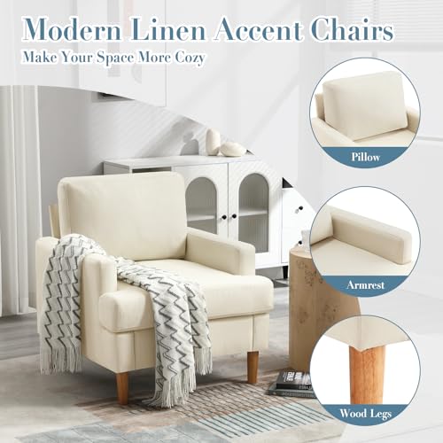 Apicizon Grey Accent Chair Set of 2, Modern Mid-Century Linen Armchair for Living Room, Comfy Upholstered Reading Accent Chairs, Single Sofa Chair with Wood Legs for Bedroom,Gray