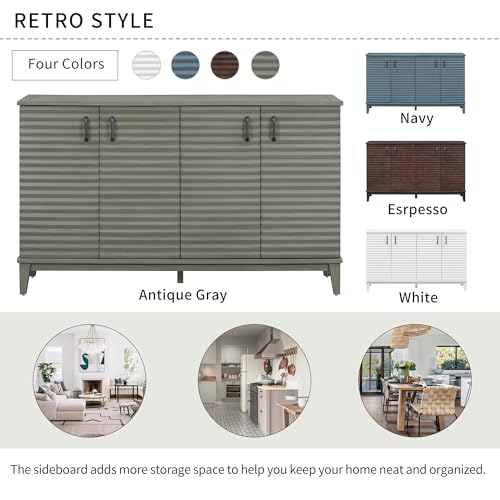 Retro Style Sideboard with 4 Door, Large Storage Buffet with Adjustable Shelves and Metal Handles, Wooden Accent Storage Cabinet for Kitchen, Living Room, Dining Room (Antique Gray-010)