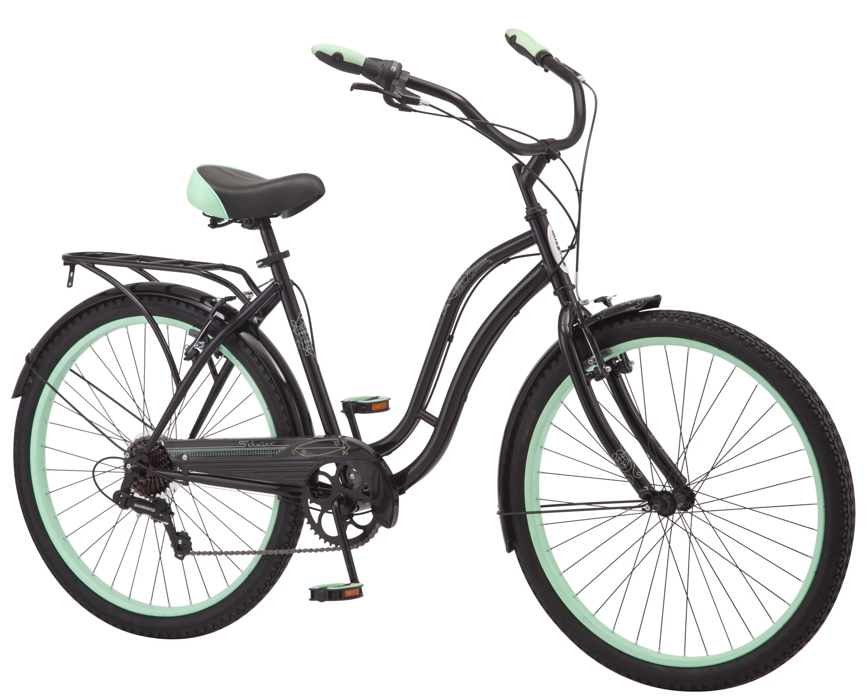 Schwinn Fairhaven Cruiser Bike, 26-inch wheels, 7 speeds, womens frame, Black / Green