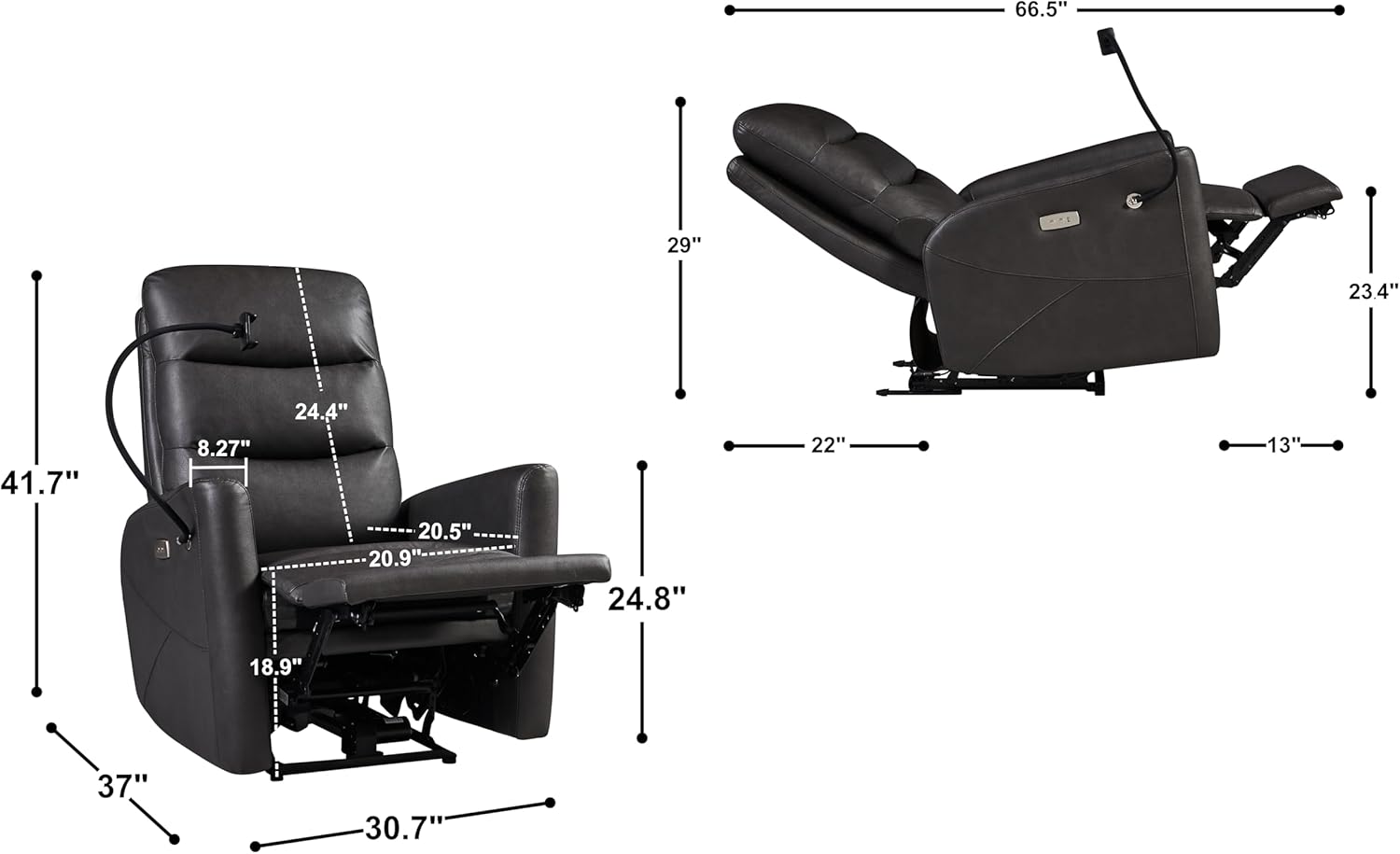 Zero Gravity USB Port and Phone Holder for Adults, Theater Seating Single Sofa for Small Space, Adjustable Lazy Boy Lounge, Easy Control, 3 Position (Grey), Leather Power Recliner Chair