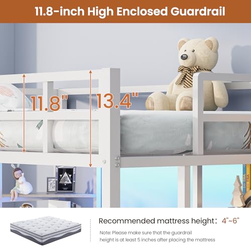MSmask Loft Bed Twin Size with L Shaped Desk, LED Lights, Charging Station, Heavy Duty Metal Loft Bed Frame with 6 Storage Shelves, Safety Guard & Ladder, No Box Spring Needed, No Noise, Black