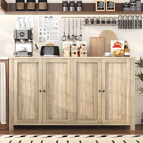 Buffet Cabinet with Storage Farmhouse Buffet Sideboard with 4 Doors, 55'' Large Kitchen Storage Cabinet Wood Coffee Bar Buffet Table for Kitchen, Dining Room, Entryway