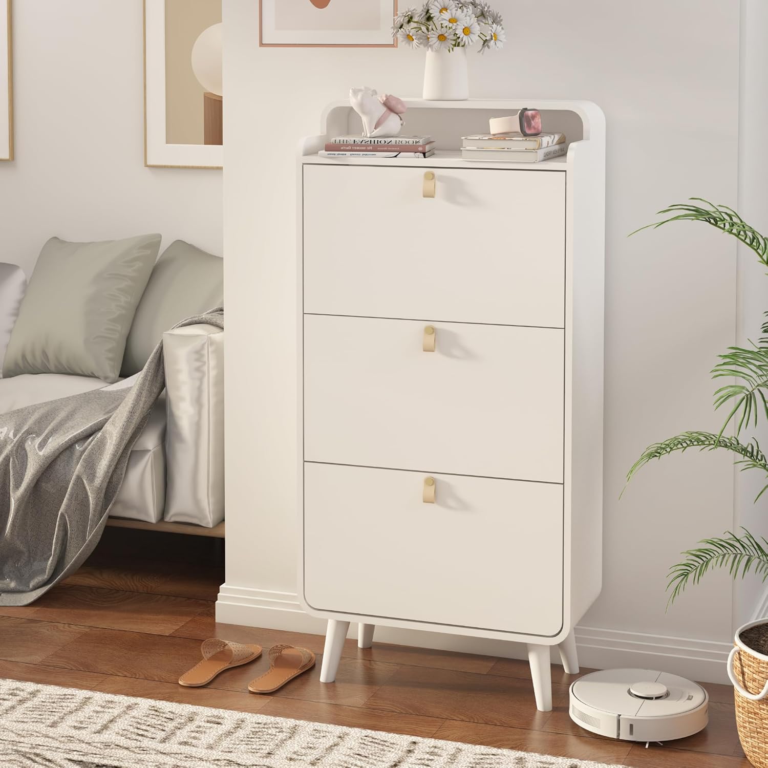 Modern Arc Design Shoe Cabinet with 3 Drawers - Elegant White Entryway Shoe Storage Solution for Closets, Apartments, Hallways & Outdoor Spaces
