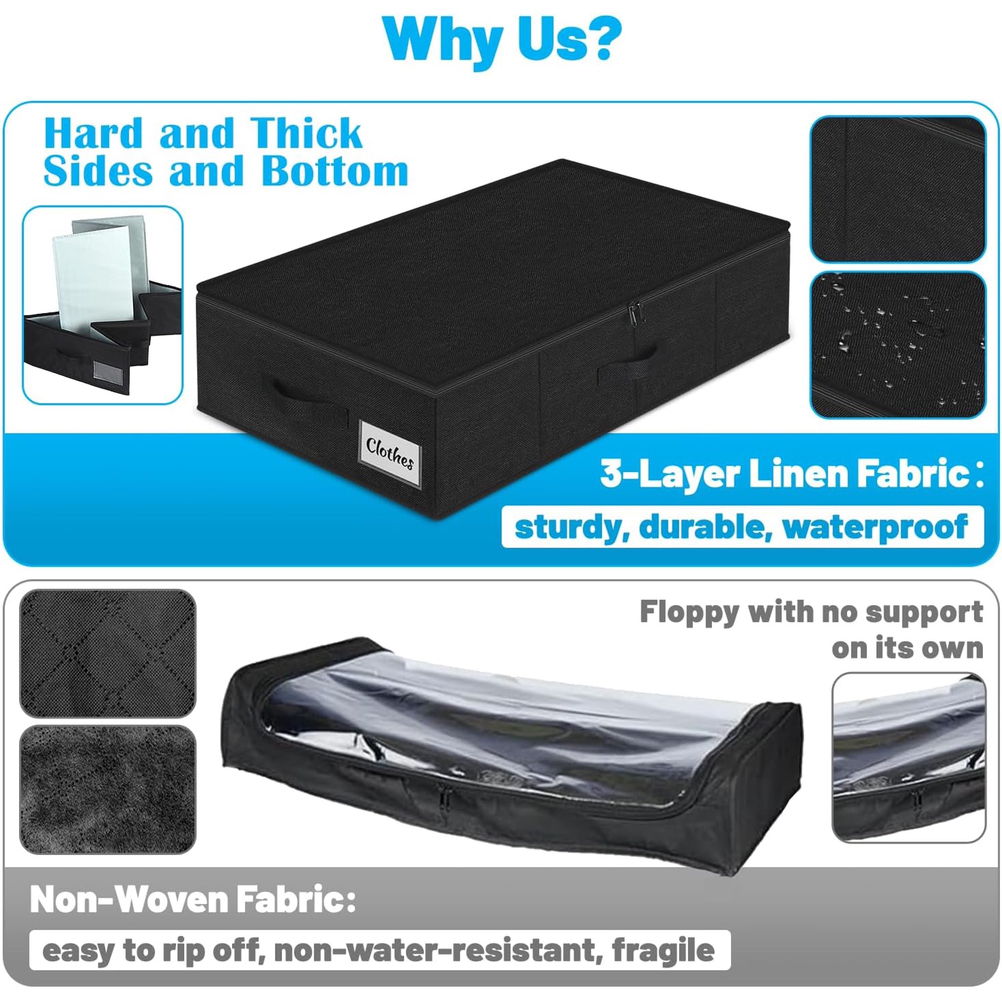 Under Bed Storage Container Bin 2 Pack, Low Profile Foldable Underbed Clothes Storage Organizer W/ Ultra Thick Fabric and Sturdy Bottom/Sides, Dual Zipper Storage Box for Dorm and Home 30x15x6.7