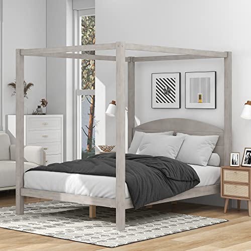 Full Size Canopy Platform Bed, Modern 4-Poster Panel Beds Frame, with Headboard and Support Legs, Noise Free/No Box Spring Needed, Grey Wash,bed frame(Brown,Full)