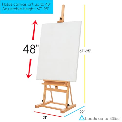 MEEDEN Large Studio H-Frame Easel - Beech Wood Artist Easel Adjustable Movable Tilting Easel, Floor Painting Easel Stand, Holds Canvas Art up to 48"