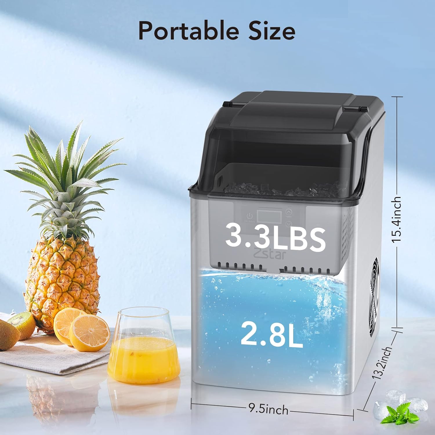 Nugget Ice Maker, Stainless Steel Countertop Ice Machine with 44Lbs/24H Output, Crunchy Sonic Ice Maker Machine, Self-Cleaning Portable Ice Maker with Freestanding Ice Scoop for Home,Office,Bar