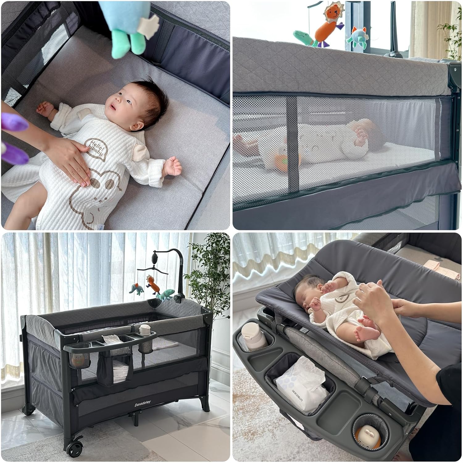 5 in 1Pack and Play, Portable Pack and Play with Mattress, Baby Pack and Play Easy to Assemble Fully Equiped, Toddler Travel Pack and Play Large Playard, 3 Layers,Diaper Caddy, Musical Toy Bar