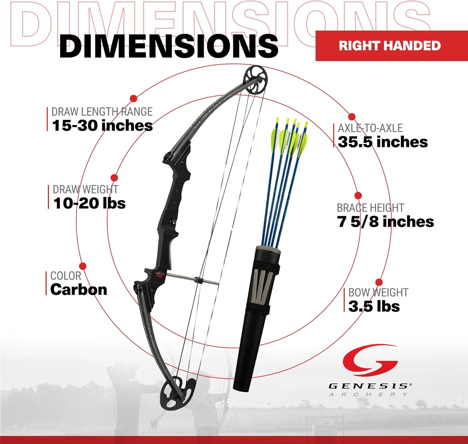 Genesis Original Lightweight Right Handed Archery Compound Bow w/Adjustable Aluminum Riser, Cam Draw Weight, & Draw Length for Kids and Adults, Carbon