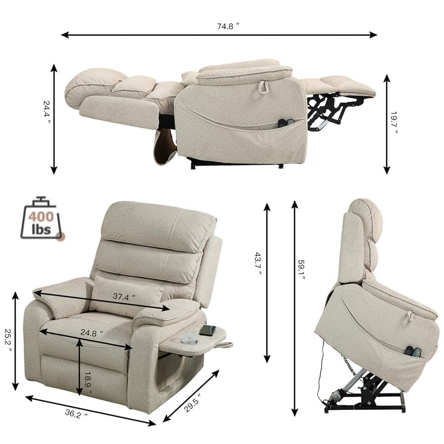 Light Grey Recliner Chair for Elderly | Tall and Big Man 400lbs | Chenille | Power Lift, Lay Flat, Stand Up, Wireless Charging Device, Extended Footrest, Massage Heat, Cup Holder, Lumbar Pillow