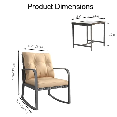 3 Piece Rocking Bistro Patio Set, Outdoor Rocking Chair, Outdoor Bistro Sets Wicker Patio Furniture Rocking Chairs Sectional Couch with Tempered Glass Top Coffee Table & Cushions, Dark Blue