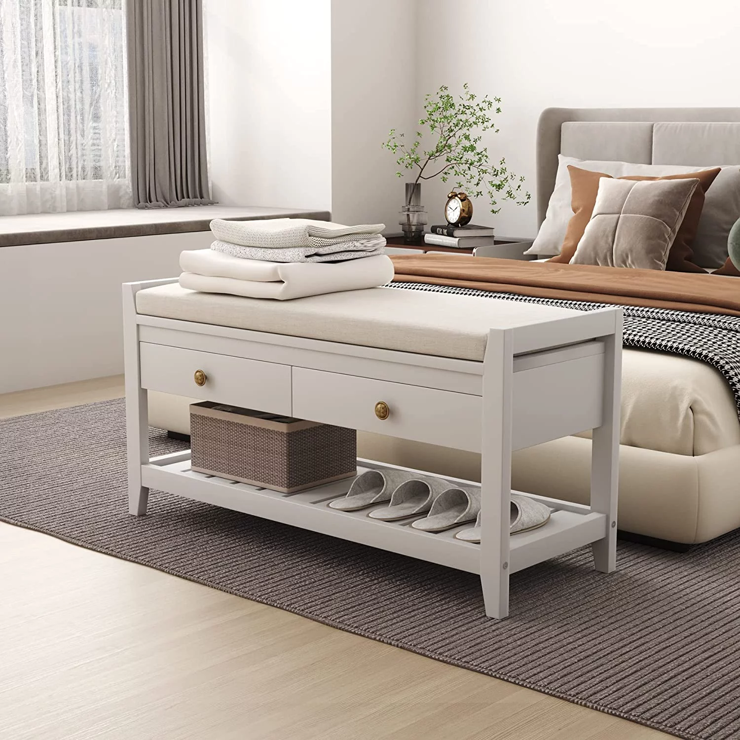 YGDU Shoe Storage Bench with Cushioned Seat, Entryway Bench with Storage, Wooden End of Bed Bench, Shoe Cabinet Bench with 2 Drawers and Storage Shelf, for Bedroom, Hallway, Living Room, Blue